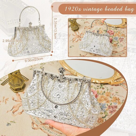 1920s Vintage Beaded Clutch Evening Bag Formal 1920s Accessories for Women Weddi - Picture 2 of 7
